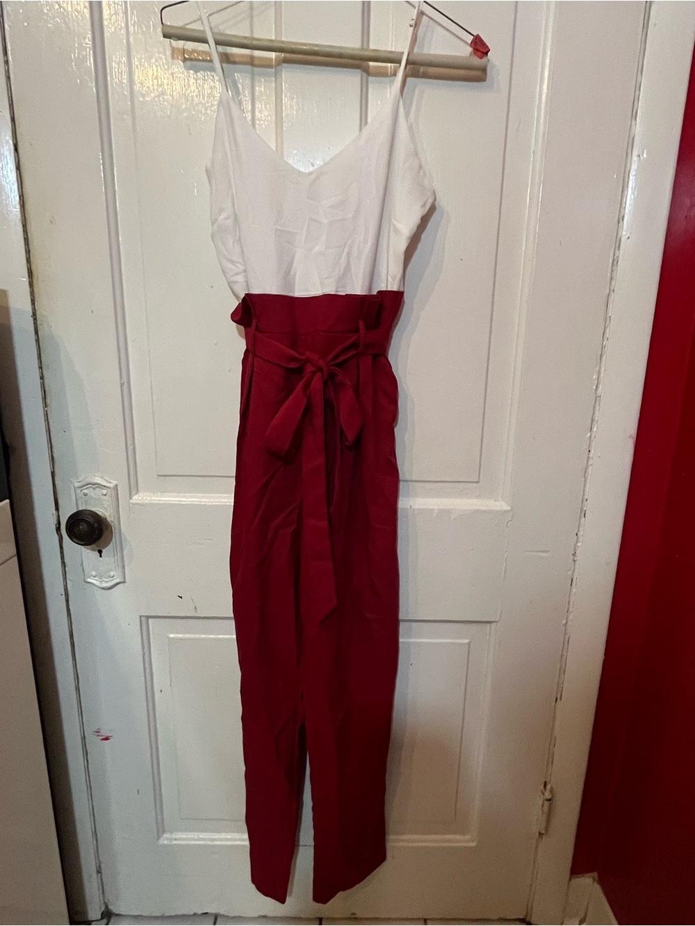 Windsor White Bodice Burgundy Paperbag Waist Jumpsuit